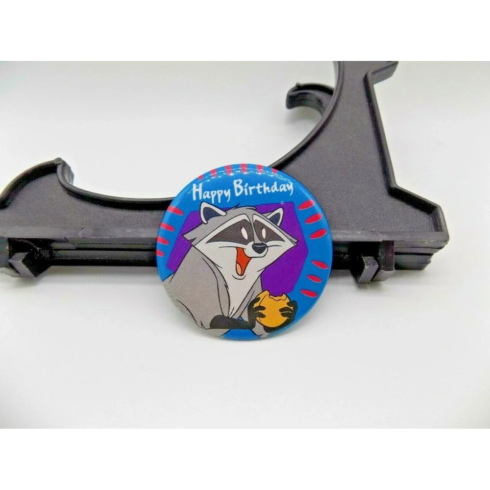 Vintage Happy Birthday Raccoon Pinback Button Blue Collectible Animal Pin